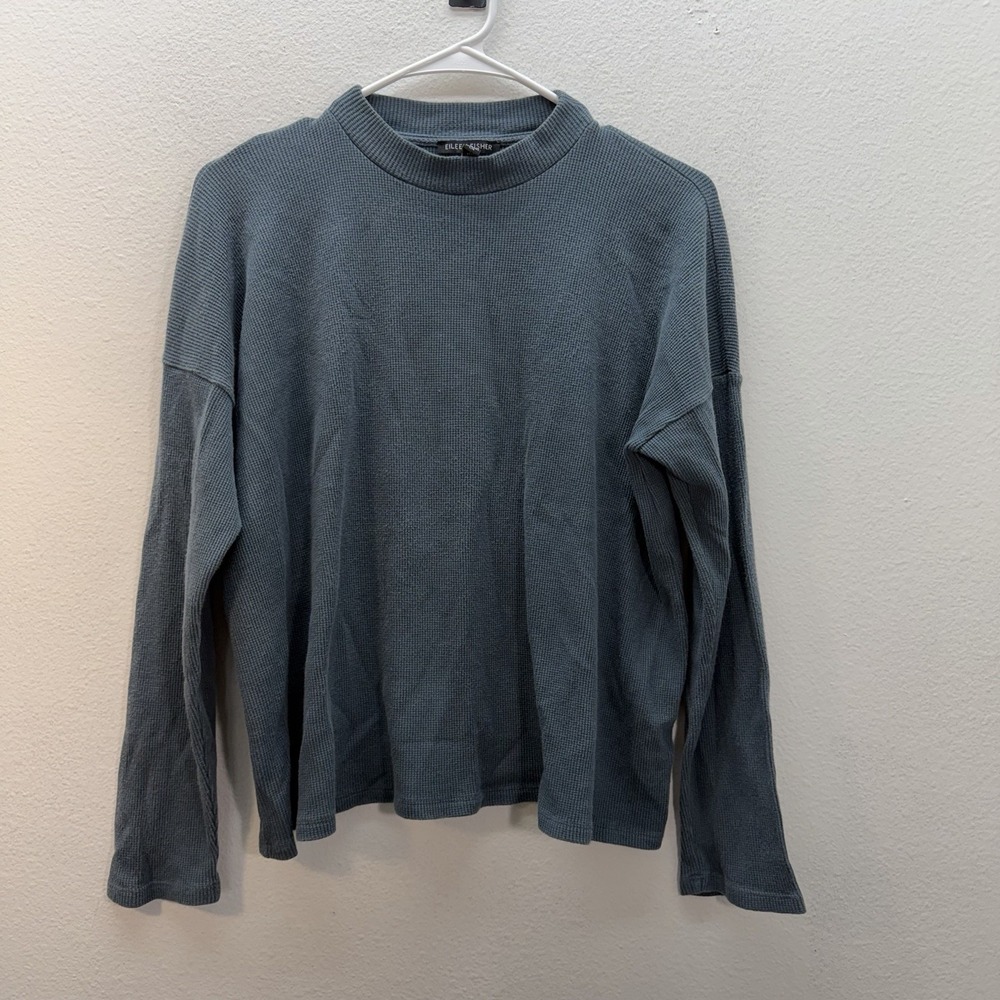 Eileen Fisher Shirt L Gray Waffle Knit Mock Neck Minimalist Organic Cotton Blend